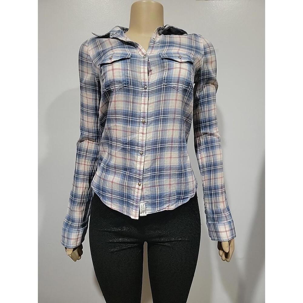 RUEHL Women's Shirt Size M Vintage Western Plaid Blue Pearl Snap Buttons #C